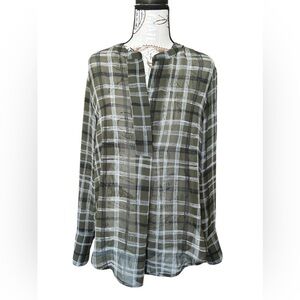 Banana Republic Olive green blouse with white and black stripes size small